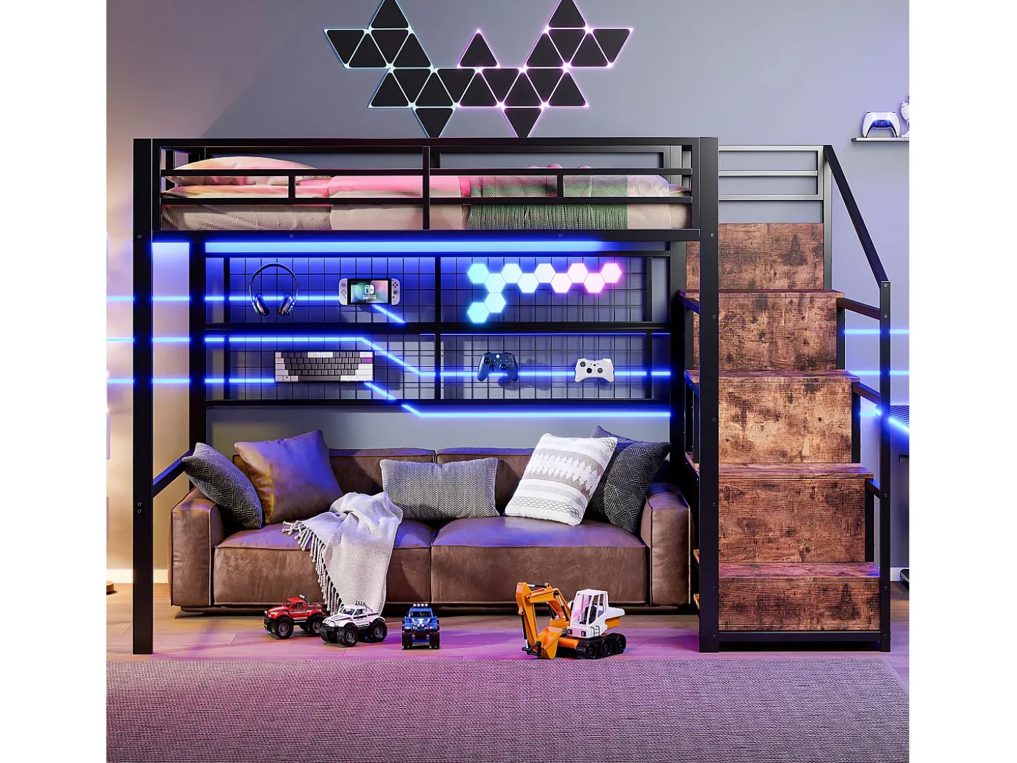 Mezanino iluminado 140x200 cm - estrutura em ferro - com guarda-roupa + escada de armazenamento - fita de LED luminosa - preto (colchão não incluído)