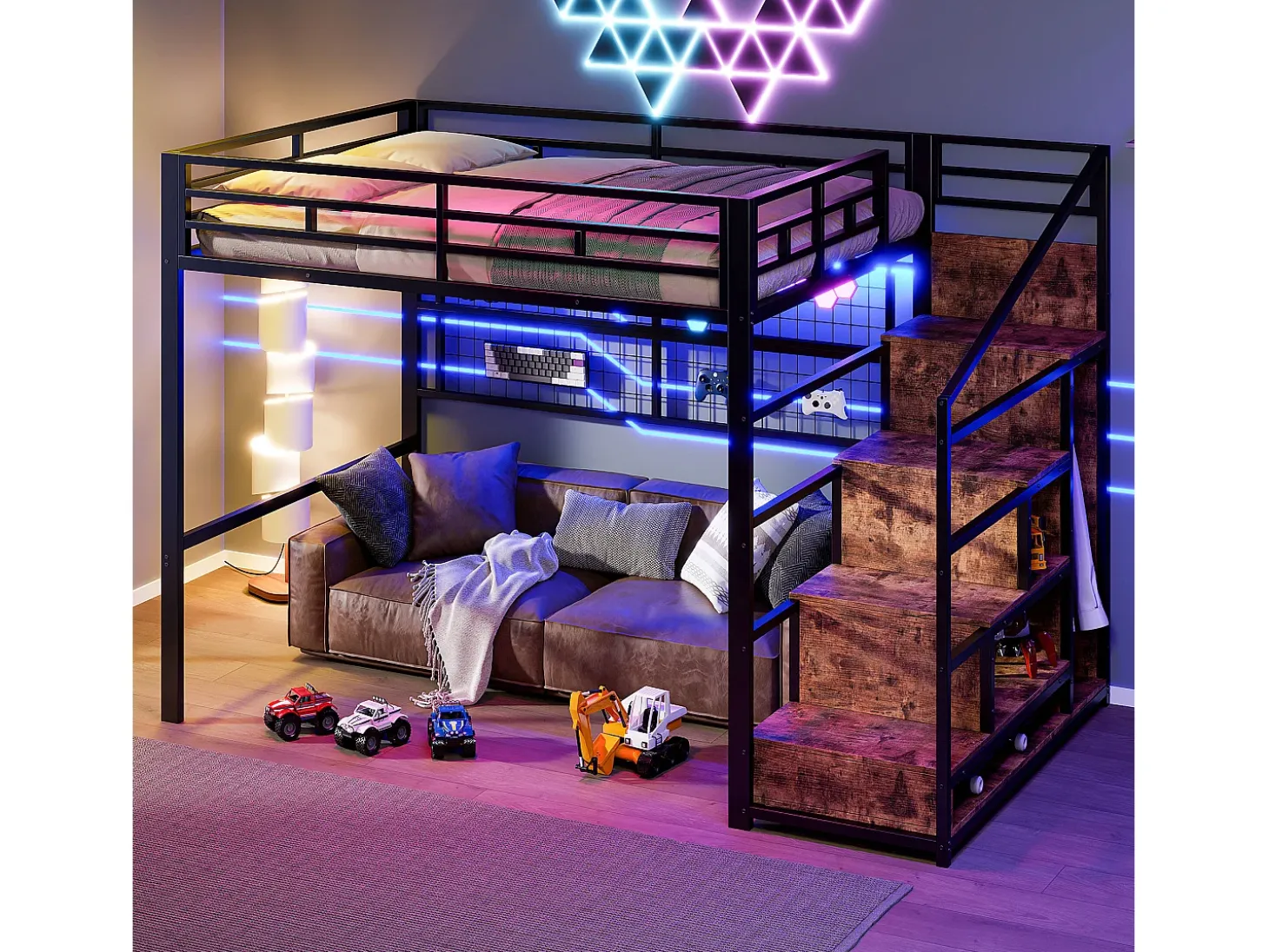 Mezanino iluminado 140x200 cm - estrutura em ferro - com guarda-roupa + escada de armazenamento - fita de LED luminosa - preto (colchão não incluído)