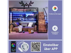 Mezanino iluminado 140x200 cm - estrutura em ferro - com guarda-roupa + escada de armazenamento - fita de LED luminosa - preto (colchão não incluído)