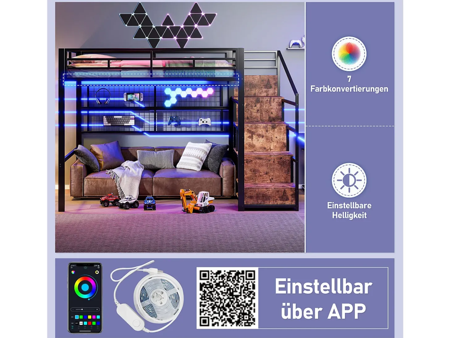 Mezanino iluminado 140x200 cm - estrutura em ferro - com guarda-roupa + escada de armazenamento - fita de LED luminosa - preto (colchão não incluído)