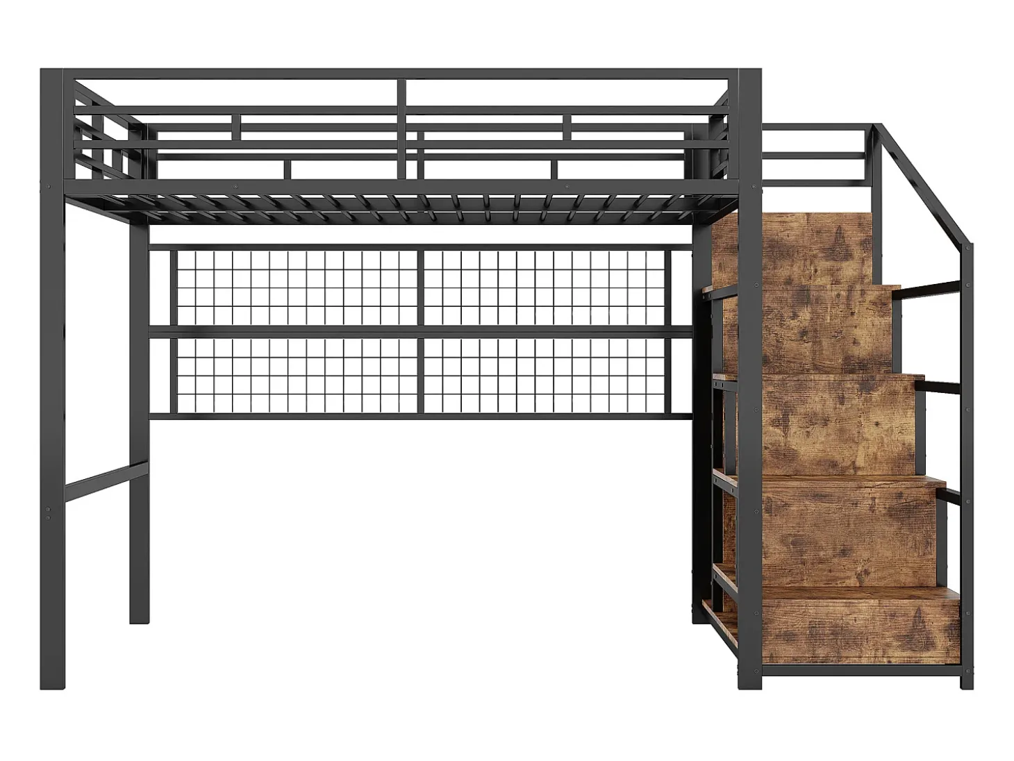 Mezanino iluminado 140x200 cm - estrutura em ferro - com guarda-roupa + escada de armazenamento - fita de LED luminosa - preto (colchão não incluído)