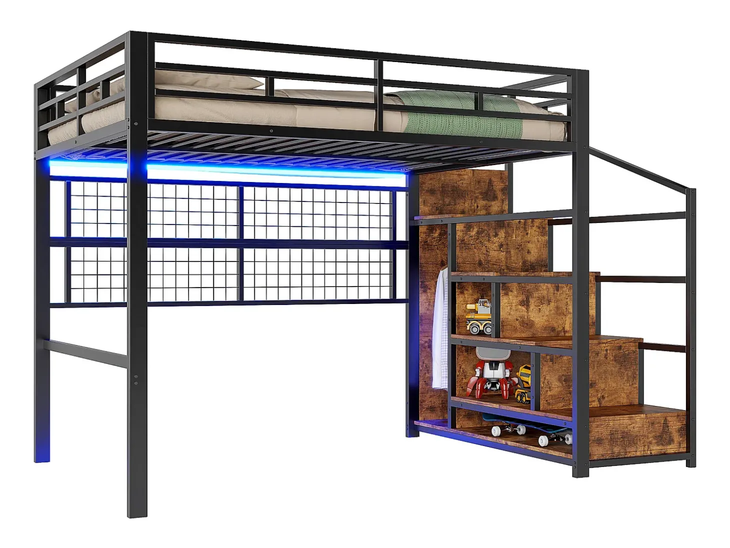 Mezanino iluminado 140x200 cm - estrutura em ferro - com guarda-roupa + escada de armazenamento - fita de LED luminosa - preto (colchão não incluído)