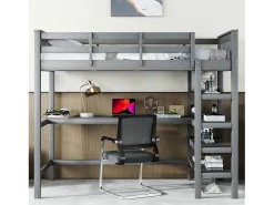 Mezanino iluminado 90x200cm e pino maciço com mesa e alcance étagère - Gris