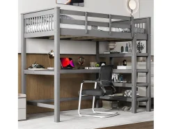 Mezanino iluminado 90x200cm e pino maciço com mesa e alcance étagère - Gris