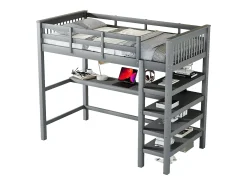 Mezanino iluminado 90x200cm e pino maciço com mesa e alcance étagère - Gris
