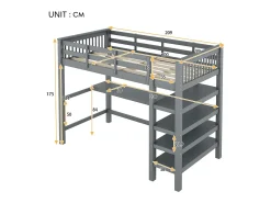 Mezanino iluminado 90x200cm e pino maciço com mesa e alcance étagère - Gris