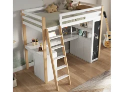 MEZZANINE BED com escritório - 90 x 200 cm - 6 gaveta grande - cerca e escada - madeira sólida e mdf - branco