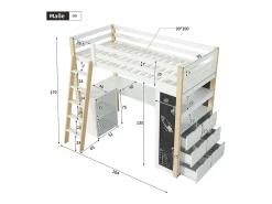 MEZZANINE BED com escritório - 90 x 200 cm - 6 gaveta grande - cerca e escada - madeira sólida e mdf - branco