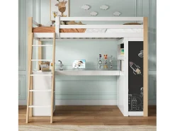 MEZZANINE BED com escritório - 90 x 200 cm - 6 gaveta grande - cerca e escada - madeira sólida e mdf - branco