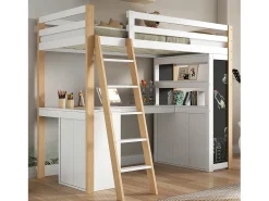 MEZZANINE BED com escritório - 90 x 200 cm - 6 gaveta grande - cerca e escada - madeira sólida e mdf - branco