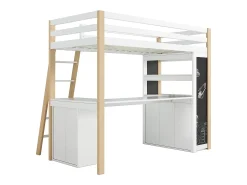 MEZZANINE BED com escritório - 90 x 200 cm - 6 gaveta grande - cerca e escada - madeira sólida e mdf - branco
