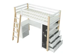 MEZZANINE BED com escritório - 90 x 200 cm - 6 gaveta grande - cerca e escada - madeira sólida e mdf - branco