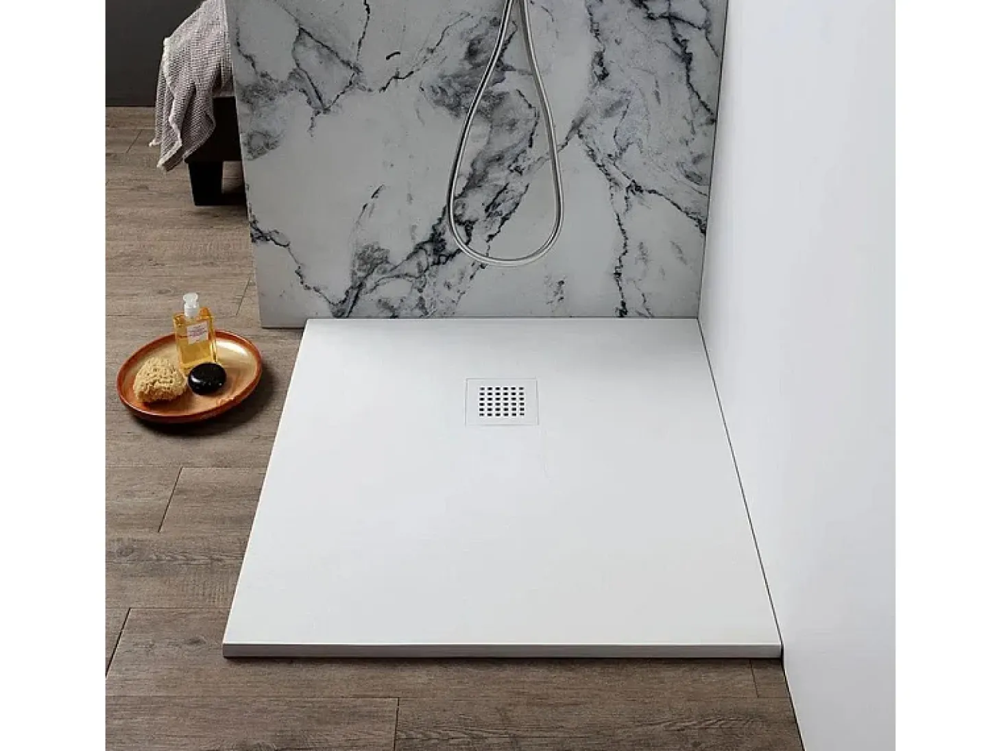 Milano dunne vierkante witte douchebak in steeneffecthars, antislip, 70x70h cm