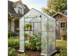 Mini estufa de jardim tipo casinha com estrutura metálica e cobertura de PE com prateleiras, 1 porta Branca 143x73x195 cm