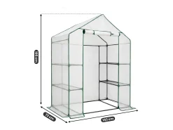 Mini estufa de jardim tipo casinha com estrutura metálica e cobertura de PE com prateleiras, 1 porta Branca 143x73x195 cm