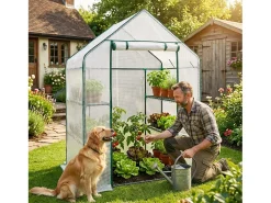 Mini estufa de jardim tipo casinha com estrutura metálica e cobertura de PE com prateleiras, 1 porta Branca 143x73x195 cm