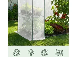 Mini estufa de jardim tipo casinha com estrutura metálica e cobertura de PE com prateleiras, 1 porta Branca 143x73x195 cm