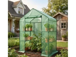 Mini estufa de jardim tipo casinha com estrutura metálica e cobertura de PE com prateleiras, 1 porta Verde 143x73x195 cm