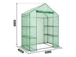 Mini estufa de jardim tipo casinha com estrutura metálica e cobertura de PE com prateleiras, 1 porta Verde 143x73x195 cm