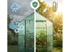 Mini estufa de jardim tipo casinha com estrutura metálica e cobertura de PE com prateleiras, 1 porta Verde 143x73x195 cm