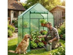 Mini estufa de jardim tipo casinha com estrutura metálica e cobertura de PE com prateleiras, 1 porta Verde 143x73x195 cm