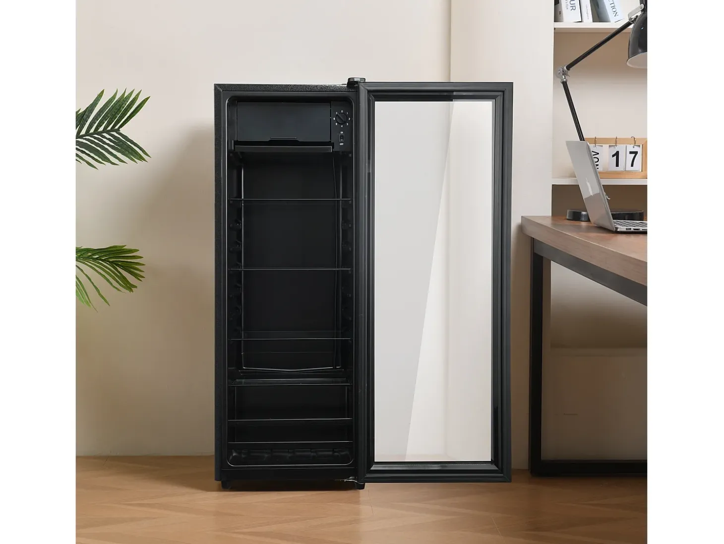 Mini frigorífico de 128 litros com prateleiras ajustáveis e LED azul - Preto