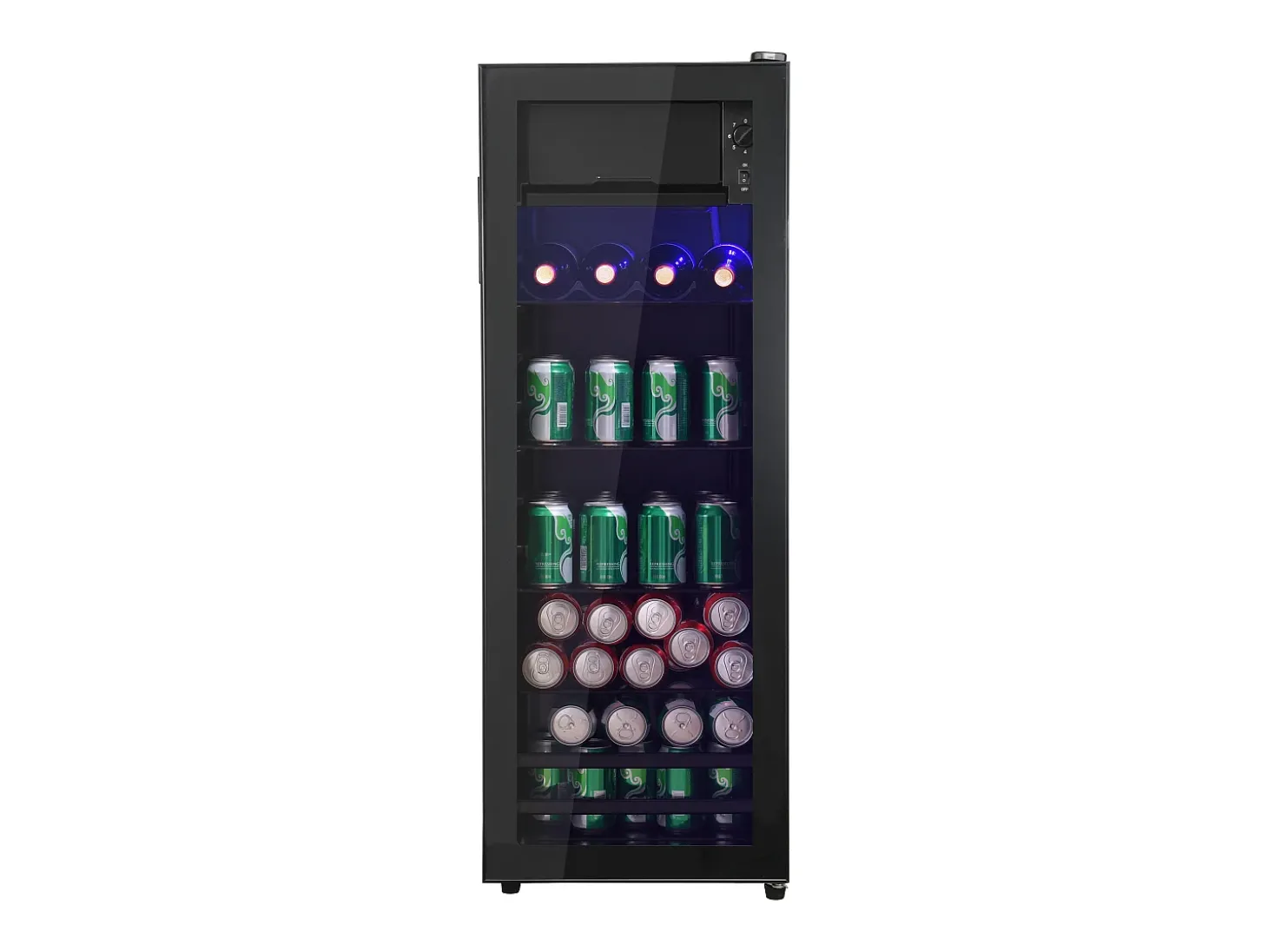 Mini frigorífico de 128 litros com prateleiras ajustáveis e LED azul - Preto