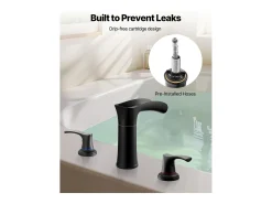 Misturador de Banheira Romana SucceBuy, Torneira de Banheira com 3 Furos, Cascata, em Liga de Zinco, com 2 Maçanetas, Controlo de Temperatura, Preto Fosco