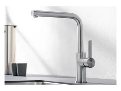 Misturador de cozinha BLANCO LANORA aço inox escovado maciço bica alta orientável 360° alavanca vertical economia de energia