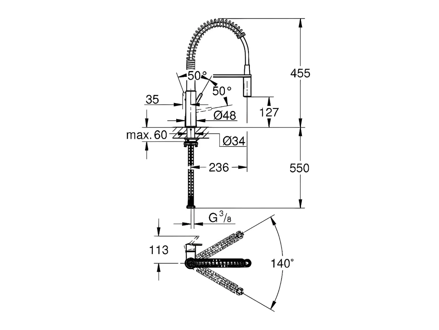 Misturador de cozinha GROHE Get com chuveiro extraível profissional