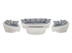 Mobiliário jardim resina entrançada marfim 3+1+1 mesa - WHITEHEAVEN