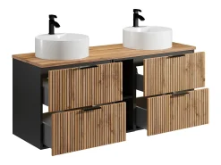 Móve casa banho estriado natural claro com nichos e lavatório pousar redondo 140 cm MADELA