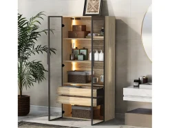Móveis de banheiro com LEDs - 74 x 36 x 155 cm - 2 gavetas grandes e 2 portas de vidro - Madeira MDF - natural