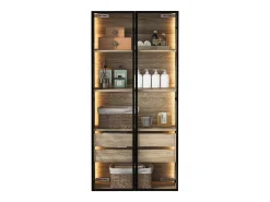 Móveis de banheiro com LEDs - 74 x 36 x 155 cm - 2 gavetas grandes e 2 portas de vidro - Madeira MDF - natural