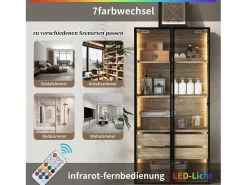 Móveis de banheiro com LEDs - 74 x 36 x 155 cm - 2 gavetas grandes e 2 portas de vidro - Madeira MDF - natural