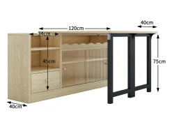 Móveis de bar、Buffet com mesa dobrável retrátil - grande espaço de arrumação - Natural e Preto