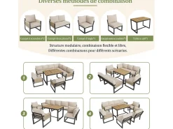 Móveis de jardim de metal, sofá modular e mesa de café, com 2 poltronas, 7-8 assentos, bege