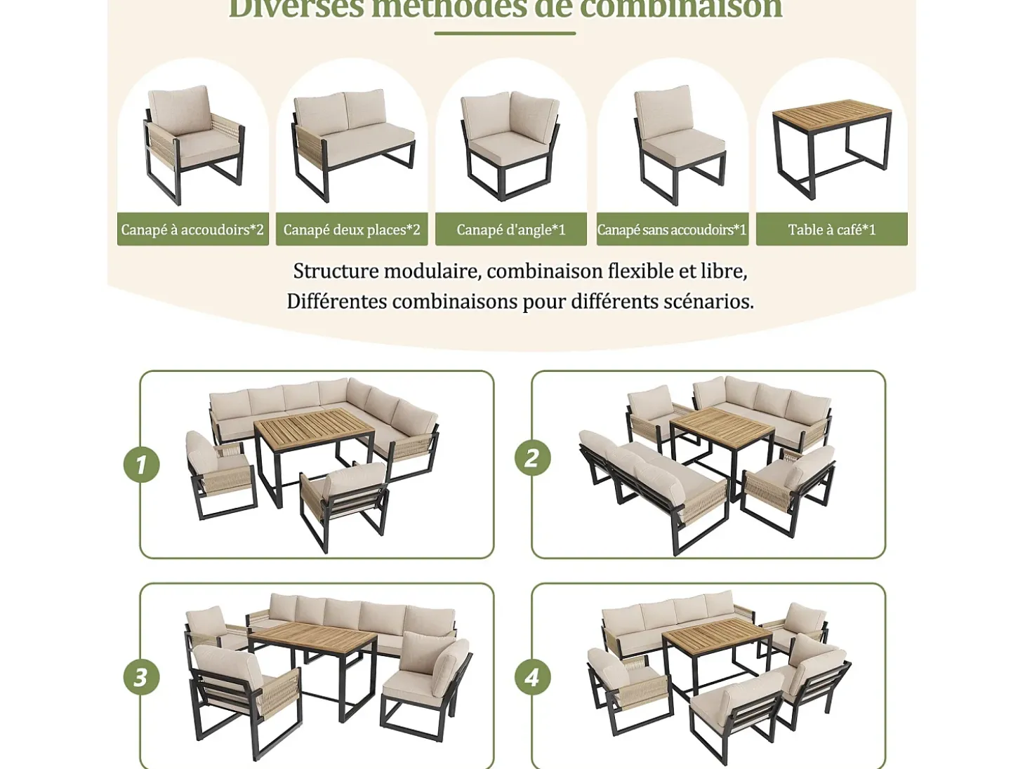 Móveis de jardim de metal, sofá modular e mesa de café, com 2 poltronas, 7-8 assentos, bege