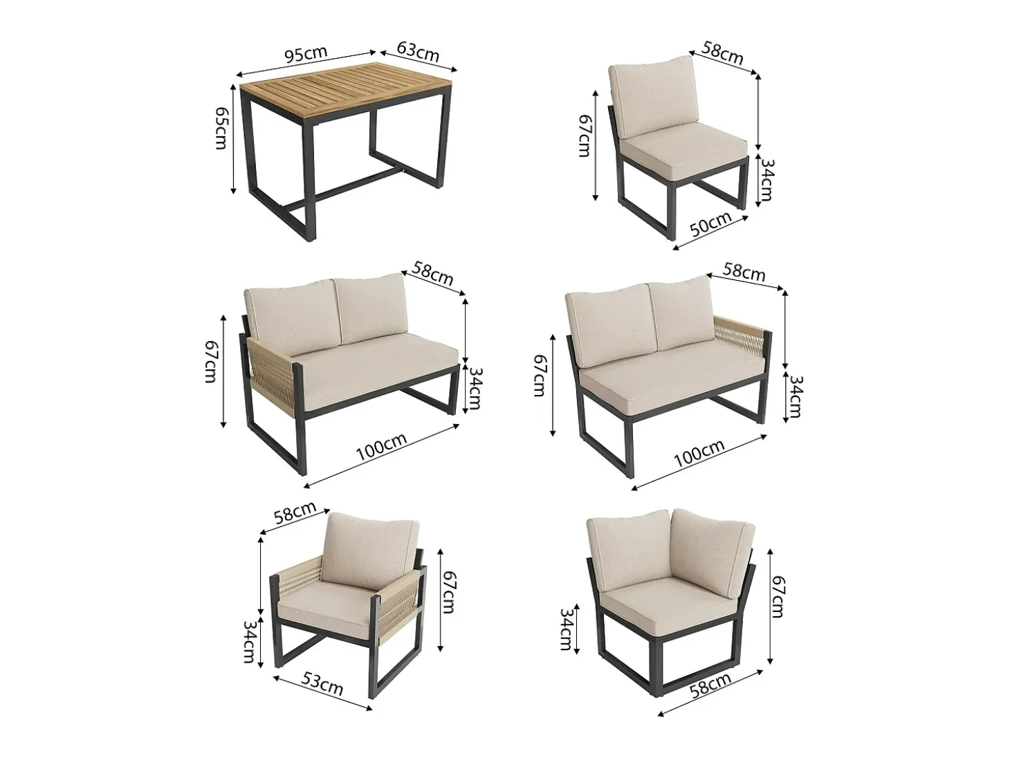 Móveis de jardim de metal, sofá modular e mesa de café, com 2 poltronas, 7-8 assentos, bege