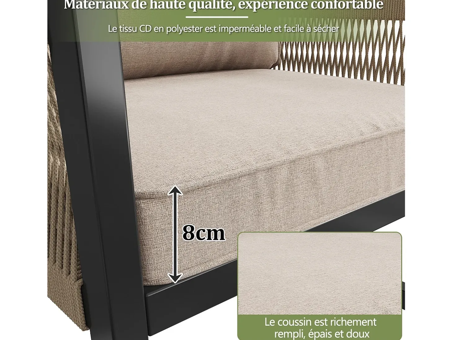 Móveis de jardim de metal, sofá modular e mesa de café, com 2 poltronas, 7-8 assentos, bege