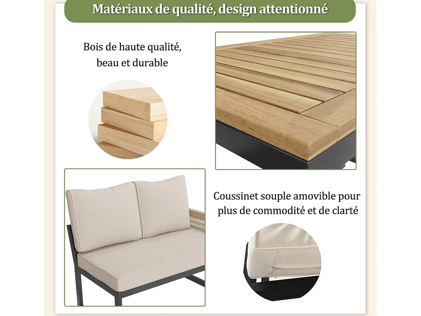 Móveis de jardim de metal, sofá modular e mesa de café, com 2 poltronas, 7-8 assentos, bege