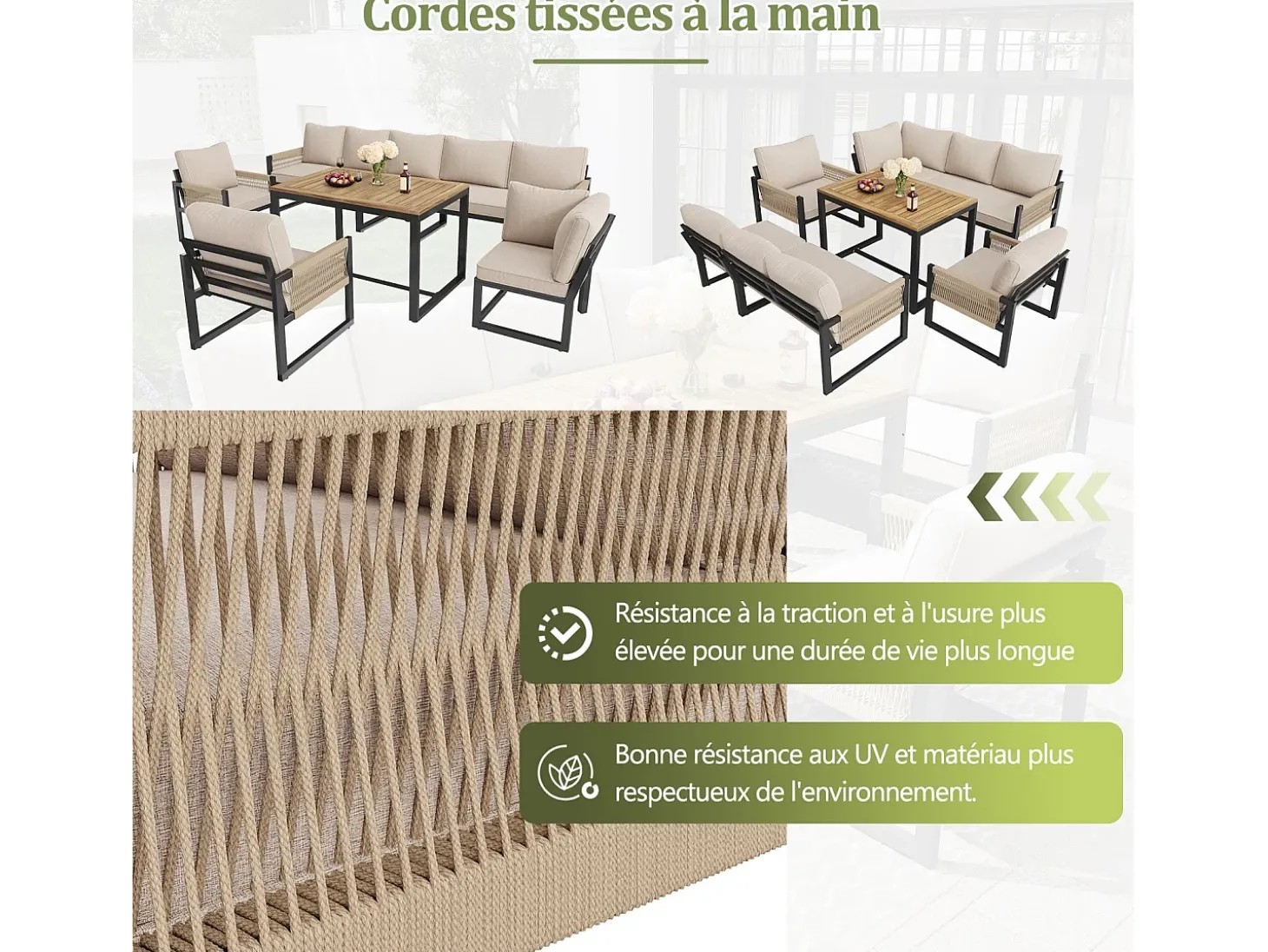 Móveis de jardim de metal, sofá modular e mesa de café, com 2 poltronas, 7-8 assentos, bege