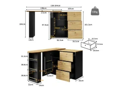 Móvel bar extensível - 138-204 x 39 x 104 cm - Mesa de jantar giratória 360° - com 1 porta + 3 gavetas - MDF - preto