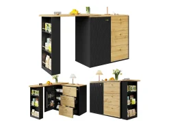 Móvel bar extensível - 138-204 x 39 x 104 cm - Mesa de jantar giratória 360° - com 1 porta + 3 gavetas - MDF - preto