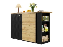 Móvel bar extensível - 138-204 x 39 x 104 cm - Mesa de jantar giratória 360° - com 1 porta + 3 gavetas - MDF - preto