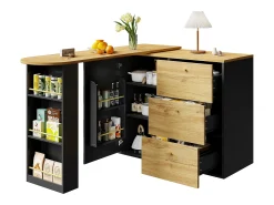 Móvel bar extensível - 138-204 x 39 x 104 cm - Mesa de jantar giratória 360° - com 1 porta + 3 gavetas - MDF - preto
