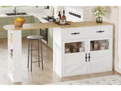 Móvel bar extensível - 138-204 x 39 x 104 cm - Mesa de jantar giratória 360° - com 2 portas + 1 gaveta - MDF - branco