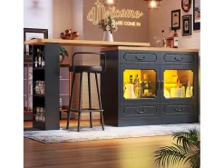 Móvel bar extensível - 135/203 x 39 x 92,8 cm - mesa giratória com LEDs + 4 gavetas - MDF - preto