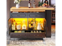 Móvel bar extensível - 135/203 x 39 x 92,8 cm - mesa giratória com LEDs + 4 gavetas - MDF - preto
