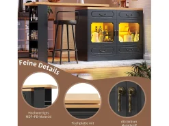 Móvel bar extensível - 135/203 x 39 x 92,8 cm - mesa giratória com LEDs + 4 gavetas - MDF - preto